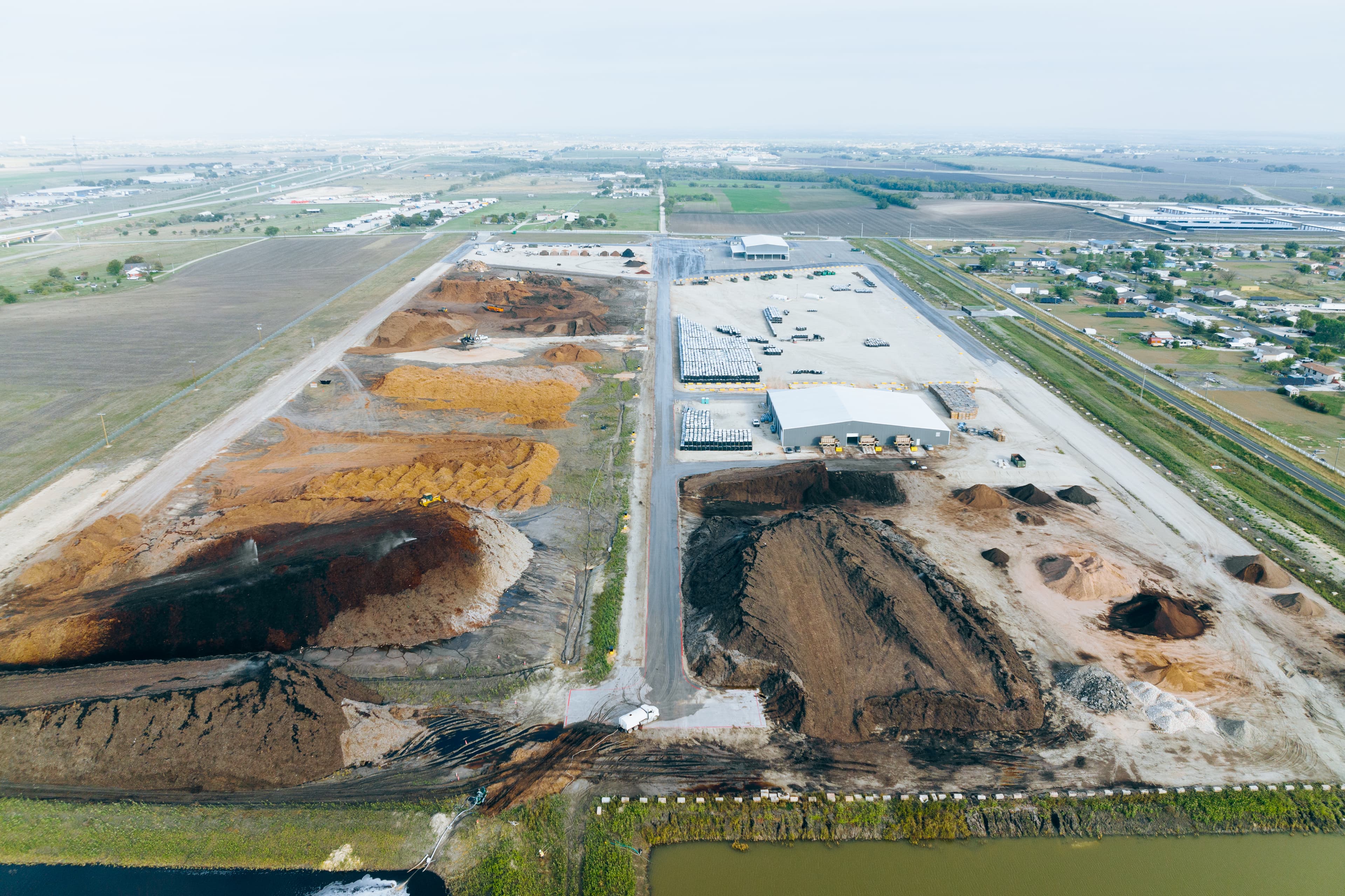 Aerial view of Austin Wood Recycling’s mulch and wood recycling facility